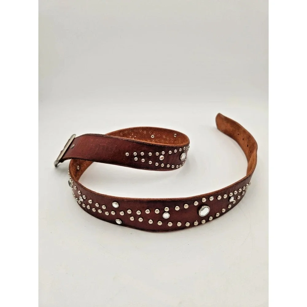 American Eagle Brown 100% Leather Belt Western Hippy Studded Womens M Rhinestone